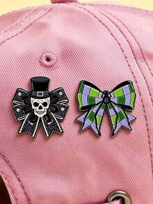 2pcs/Set Dark Gothic Skull Bow Brooch, Fashionable Decorative Pin For Women's Bags And Clothing, Ideal Halloween Gift - Multi-color B - View 2