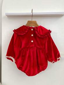 Baby Girl Red Peter Pan Collar Bodysuit, Spring/Autumn Christmas Holiday Bodysuit - Red - View 3