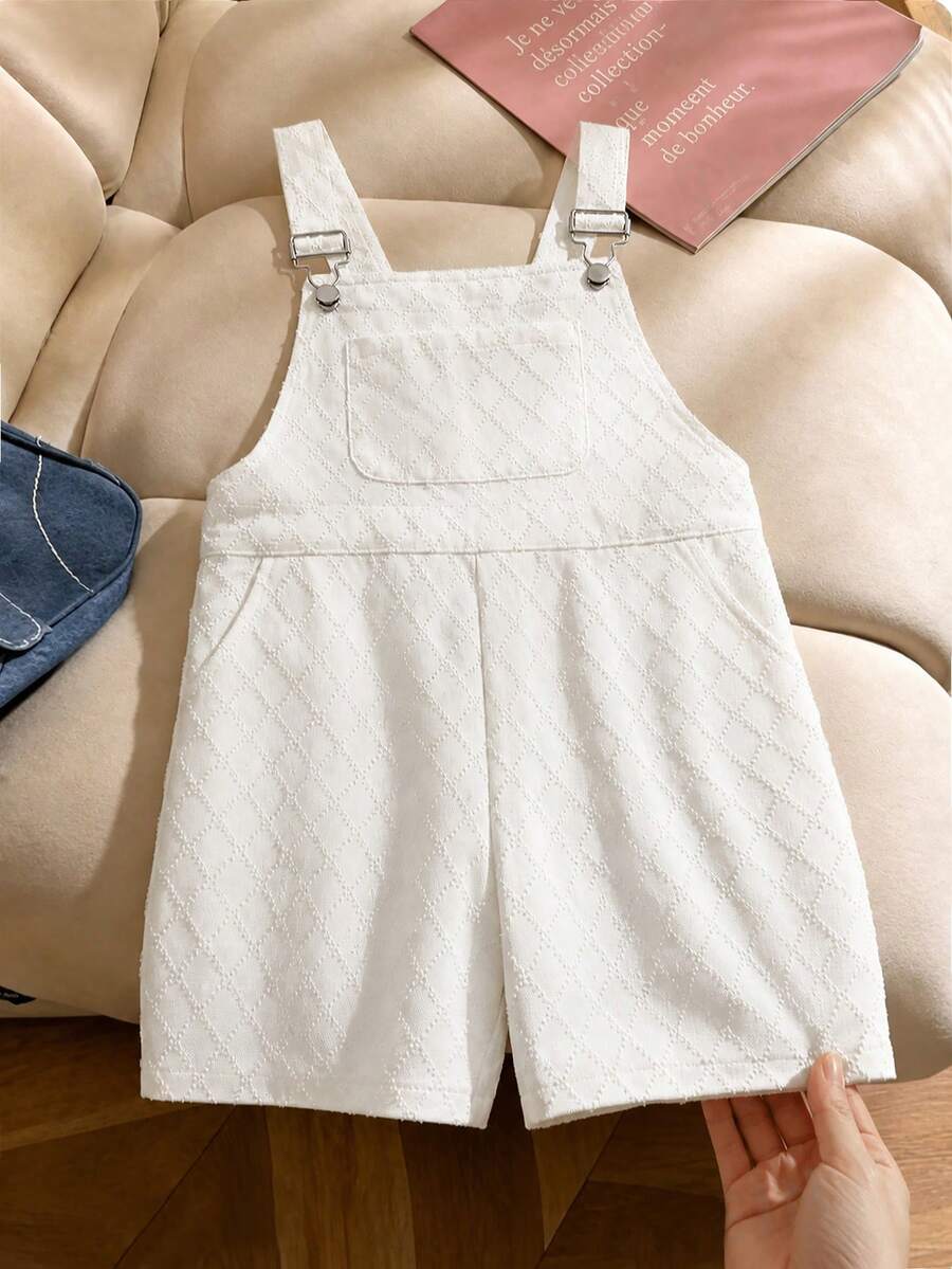 Girls' White Denim Textured Overalls Shorts, Casual Sweet Cute Jumpsuit, Suitable For Daily Wear, Outings, Back To School Season, Spring Summer - White - View 1