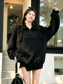 1pc Women's Black Long Sleeve Polo Collar Sweatshirt, Autumn Casual Loose Half-Zip Pullover - Black - View 3