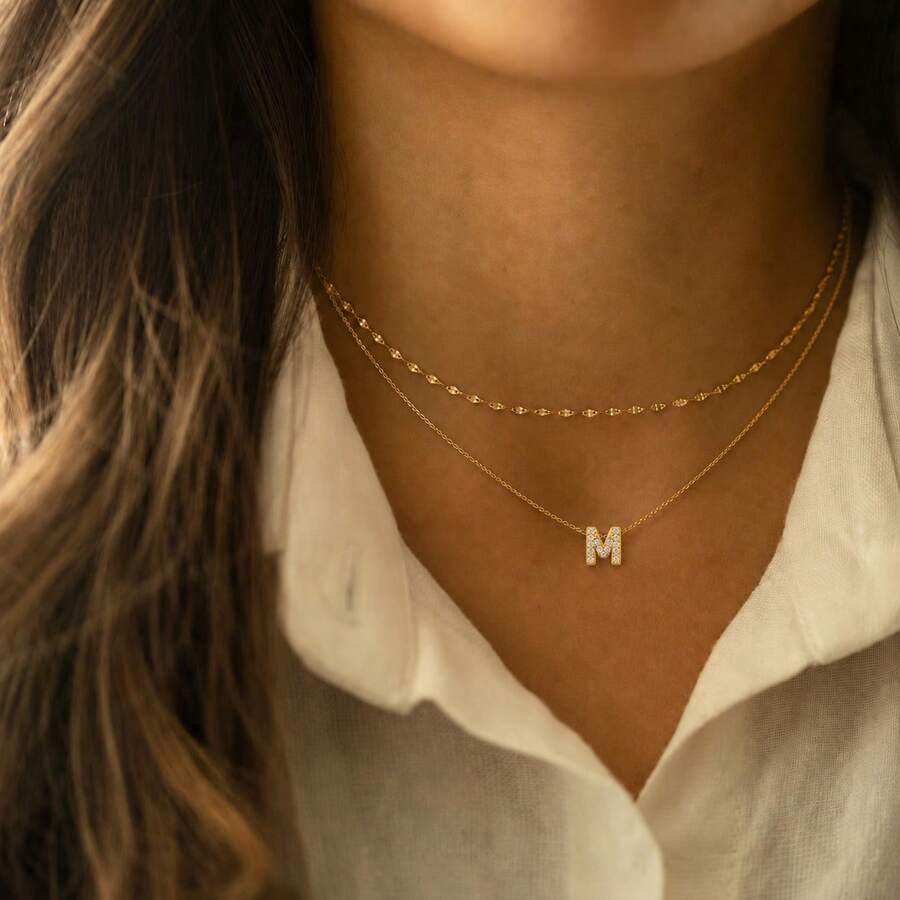 2 Pcs/Set New Initial Pendant Stainless Steel Chain Necklace Set For Women - Yellow Gold - View 1