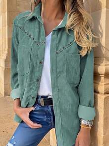 Women's New Corduroy Rivet Shirt With Dual Pockets, Retro Casual Top, Suitable For All Seasons Spring - Green - View 1
