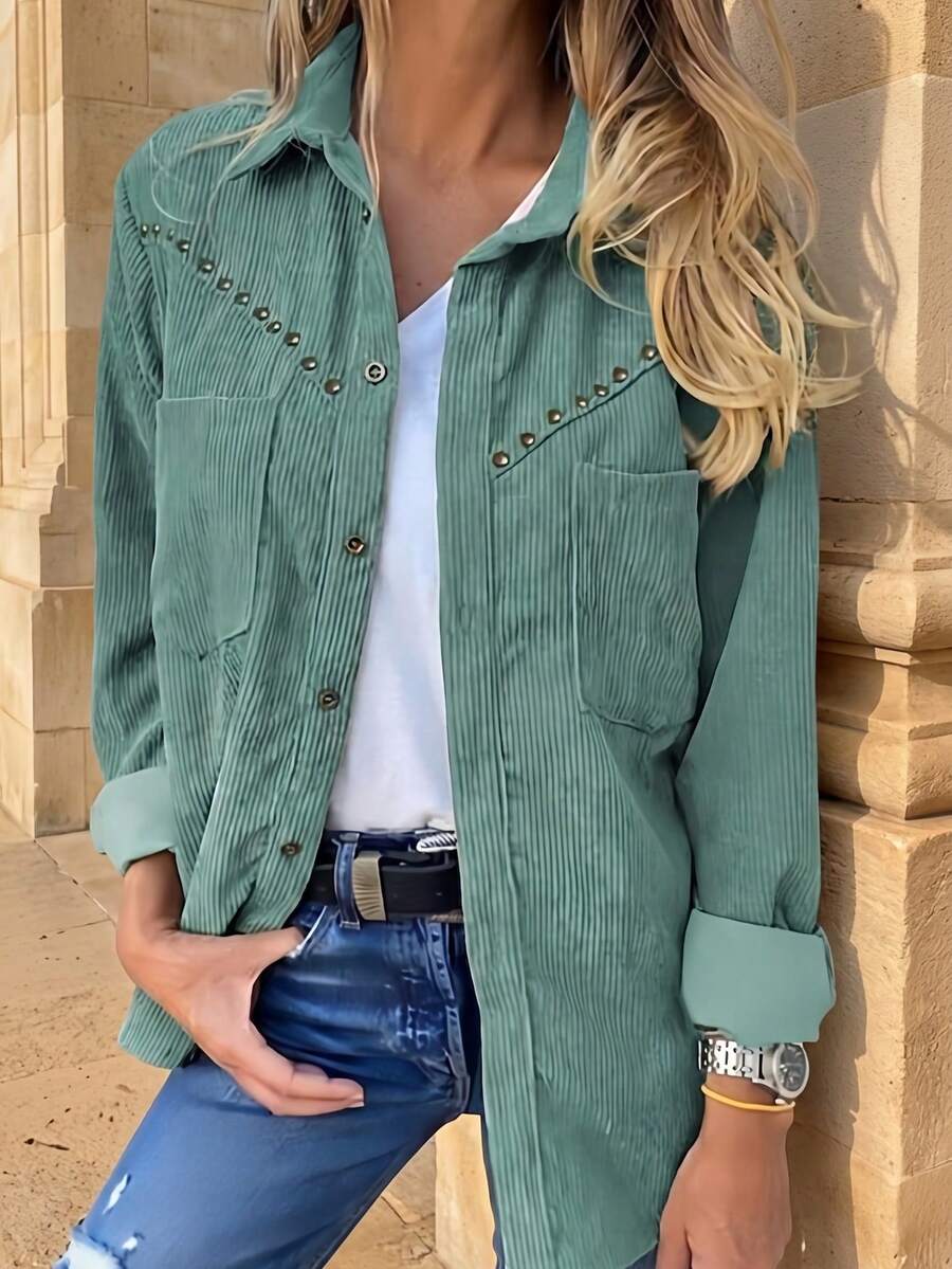 Women's New Corduroy Rivet Shirt With Dual Pockets, Retro Casual Top, Suitable For All Seasons Spring - Green - View 1
