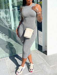 EARO Women's Jumpsuit, 3/4 Length, Slim Fit, Soft And Comfortable Fabric, Lightweight Fabric, Hugs The Body, Recommended To Size Down, Back To School Season, Summer Black Jumpsuit, Outdoor, Daily Commute, Sports, Youthful, Casual, Hidden Back Zipper - Gray - View 9