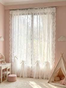 1pc White Floral Sheer Lace Curtain With Drawstring Design, No Drilling Required, Lightweight, Suitable For Baby Shower Decoration, Gender Reveal Decoration, Children's Room Decoration - Multicolor - View 2