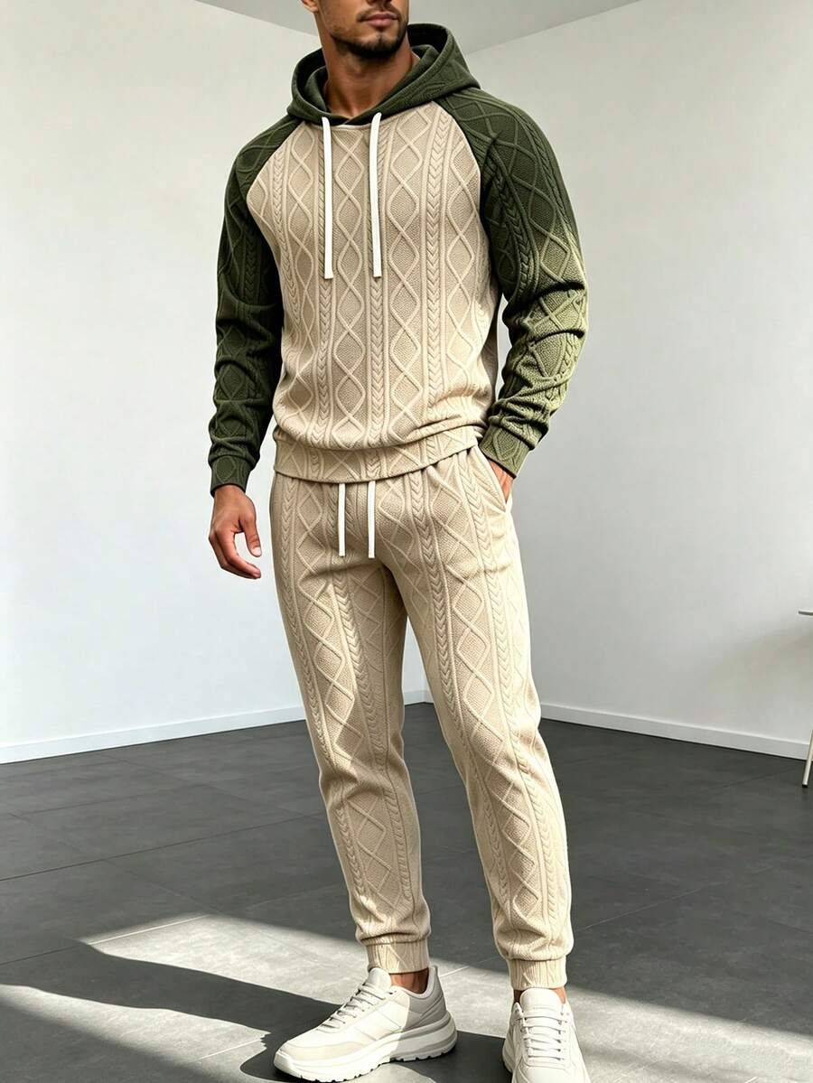 Men's Autumn/Winter Jacquard Hooded Sweatshirt & Long Pants Set - Khaki - View 1