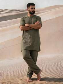 Men's Middle Eastern Traditional Minimalist Style Robe Set, Loose Simple Short Sleeve Casual Straight Leg Pants 2 Pieces Set - Green - View 1