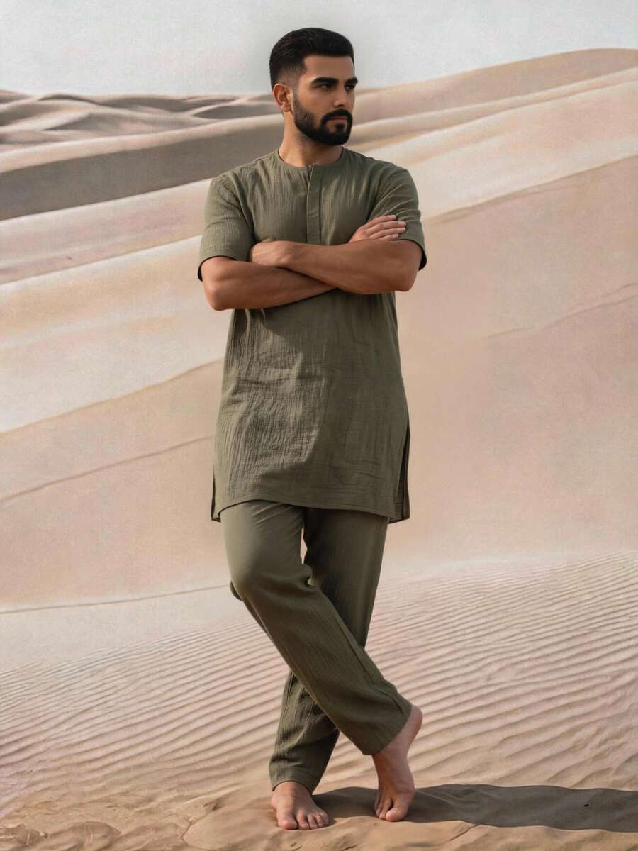 Men's Middle Eastern Traditional Minimalist Style Robe Set, Loose Simple Short Sleeve Casual Straight Leg Pants 2 Pieces Set - Green - View 1