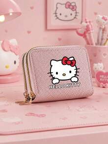 SANRIO 1個 Hello Kitty 粉色短夾，雙拉鍊卡夾附卡槽，多功能 PU 信用卡夾，適用日常通勤、工作與旅行 - 彩色 - 查看 1