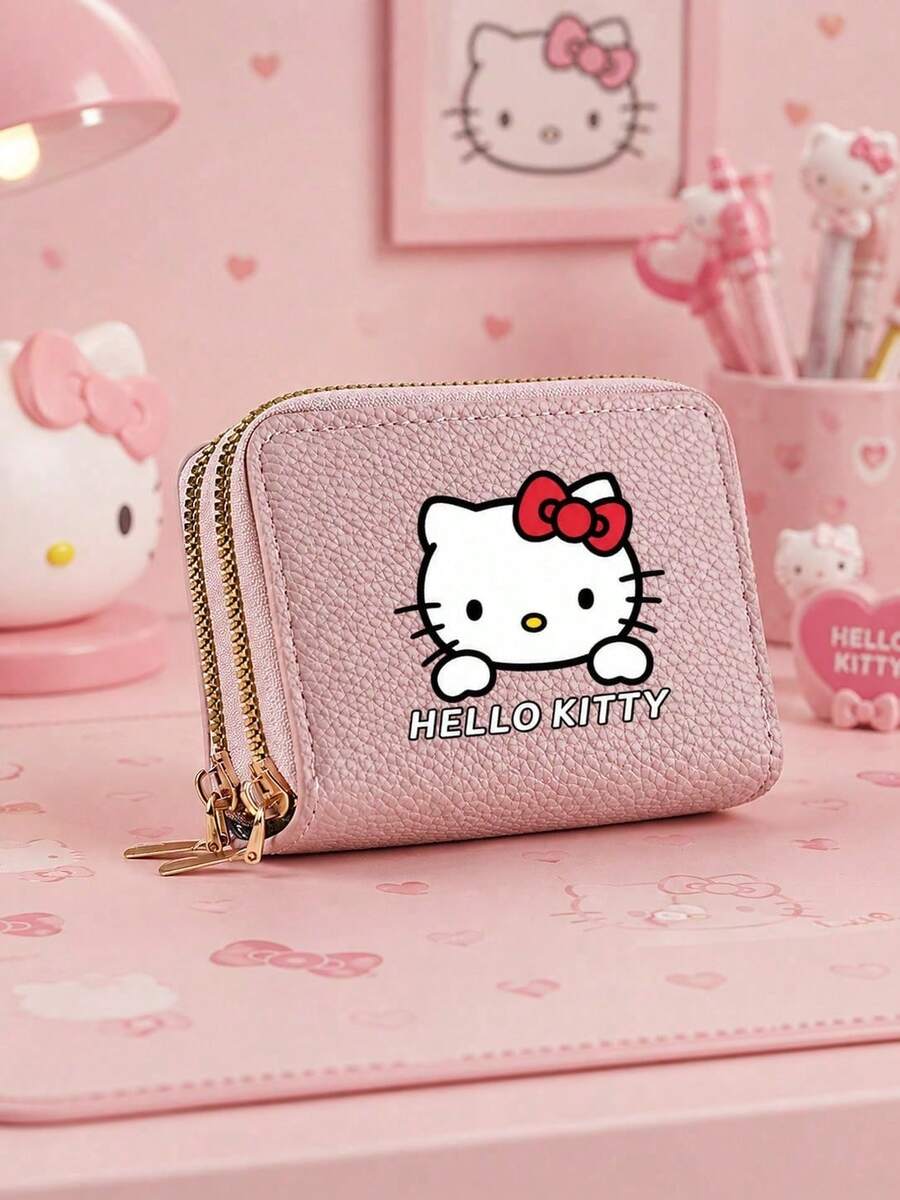 SANRIO 1個 Hello Kitty 粉色短夾,雙拉鍊卡夾附卡槽,多功能 PU 信用卡夾,適用日常通勤、工作與旅行 - 彩色 - 查看 1