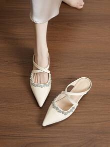 French Style Rhinestone Criss-Cross Strap Pointed Toe Backless Loafers, Glossy Toe Cap Design, 5cm Comfortable Wedge Heel Soft Sole Slip-On Mule Shoes For Party, Commute And Multi-Occasion Wear Women's Shoes - Apricot - View 4
