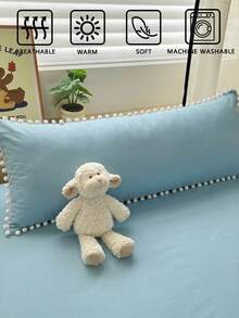 1pc Solid Light Blue Long Pillowcase With White Pom-Poms (Without Insert), Comfortable And Breathable Polyester Fiber Suitable For All Seasons, Used In Bedroom Scenes, Home Decoration, Versatile Daily Fresh And Cute, Cozy Bedding, Pom-Pom Trim - Gray-blue - View 4