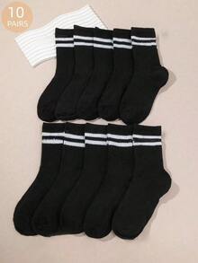 1/5/10/20 Pairs Women's Striped Mid-Calf Socks, Classic Double Stripe Mid-Calf Socks, Suitable For Daily Wear, School, Outdoor Activities And Casual Sports Socks For Sneakers - Black and White - View 8