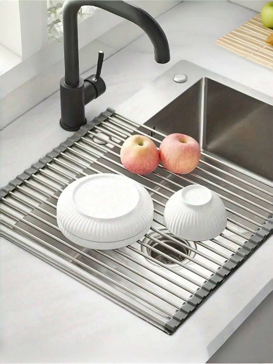 Stainless Steel Expandable Sink Drain Rack, Black & Grey, With Adjustable Support Arms, Functional Kitchen Sink Organizer For Vegetables, Fruits And Cookware Sets, Suitable For Kitchen And Bathroom, New Year & Christmas Edition