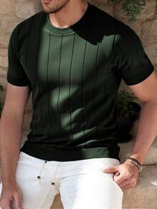 ALTZTAR Men's Thin Solid Color Short Sleeve Knit Vertical Striped Crew Neck Top - Army Green - View 2