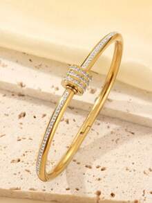 Trending Multi-Style Layered Stainless Steel Open Bangle, 18K Vacuum Plated Gold With Zirconia, Mother Of Pearl, Four-Leaf Clover And Polka Dot Zirconia, Versatile Commuter Elegant Gift For Holidays - Gold - View 12