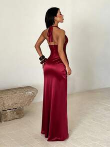1pc Solid Color Elegant Knit Fabric Slit Dress For Beach, Wedding, Vacation, Summer - Burgundy - View 3