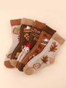 5 Pairs Thanksgiving Coral Fleece Mid-Calf Socks, Pumpkin Turkey Maple Leaf Vintage Fuzzy Home Socks, Warm Sleep Socks For Autumn/Winter - Multicolor - View 7
