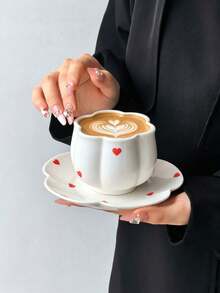 1 Set Minimalist Hand-Painted Heart Ceramic Coffee Cup & Saucer, Elegant Women's Afternoon Tea Cup & Matching Lace Plate, Suitable For Arabic Coffee, Various Teas, Gift-Giving, Personal Use, Coffee Brewing - Multicolor - View 9