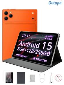 Qetupa 10.1 Inch Android 15 Tablet, Equipped With Protective Case And Screen Protector, 8GB RAM And 128GB/256GB Internal Storage (Supports 1TB Expansion), MTK8788 Octa-Core Processor, 1280x800 Touchscreen, 5MP Front Camera And 13MP Rear Camera, 6000mAh Battery - Orange - View 1