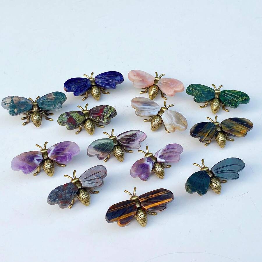 1pc Natural Mixed Color Quartz Crystal Bee Statue, Hand Carved Mini Animal Totem, Healing Stone Fairy Garden Home Decor Cute Gift