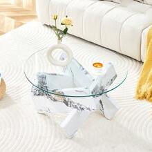 Multi-Color Optional MDF + Glass Round Coffee Table: White Faux Marble Patterned Support Legs - 白色 - 查看 5