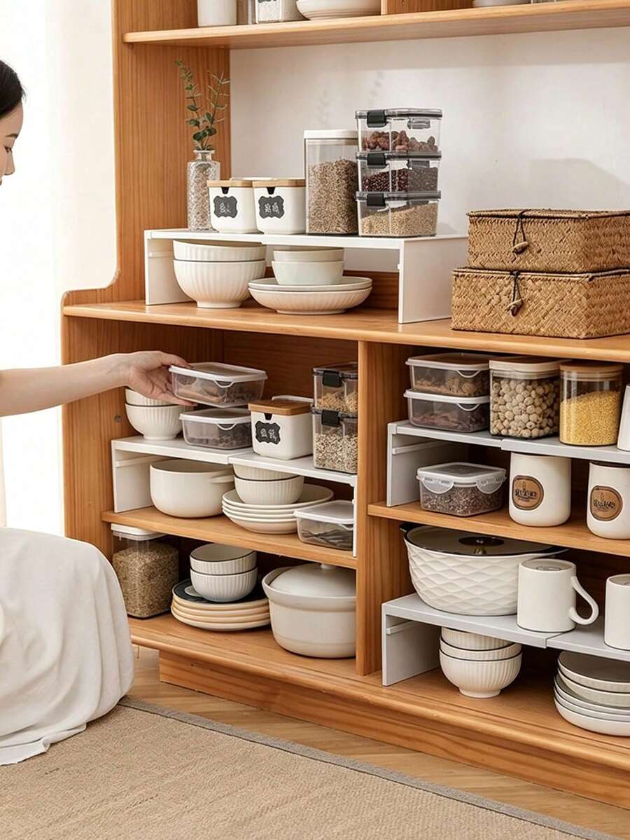 Expandable Kitchen Storage Rack, Tiered Dish Organizer, Countertop Cabinet Shelf, Tiered Rack, Spice Rack, Desktop Organizer, Shoe Rack, Multi-Purpose, Disposable Slouchy Cloth, Adjustable Closet Shelf Divider - Expandable Storage Rack, Suitable For Wardrobe, Bathroom, Kitchen - No Drilling Required, Easy Installation, With Adhesive Pads - Multi-Purpose Divider System, Kitchen Supplies, Kitchen Accessories, Kitchen Tools, Halloween, Christmas Gifts - Multicolor - View 1