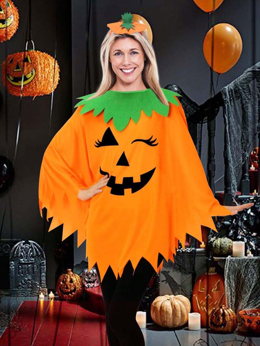 1pc Cute Pumpkin Cape, Large And Small Orange Pumpkin Outfit, Suitable For Role Play, Stage Performance, Party Costume Props, Halloween Pumpkin Costume For Women, Pumpkin Poncho For Adults With Headband, Halloween Costume For Women