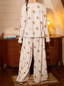 Gongdie Disney 3-Piece   Women's Pajama Set, Soft Cotton Loungewear For Spring And Autumn, With Ruffles And Bows - Light Grey - View 6
