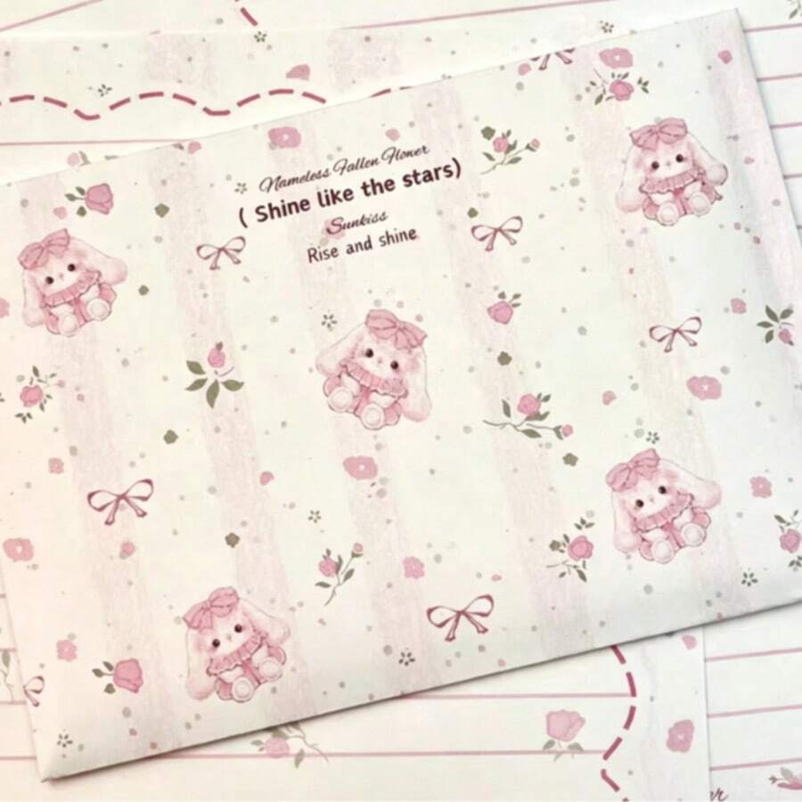 Pink Star Mist Fluffy Rabbit Envelope & Letter Paper Set, Romantic Holiday Confession Handwritten Letter, Gift Blessing Message Stationery - Multicolor - View 1