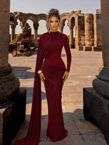 Solid Color Elegant Contrast Mesh Draped Evening Gown For Party And Formal Dinner - Burgundy - View 6