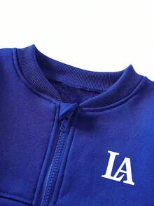 Setelan Kasual Anak Perempuan: Jaket dan Celana Berkerah Baseball dengan Motif Huruf dan Resleting - Biru - View 3