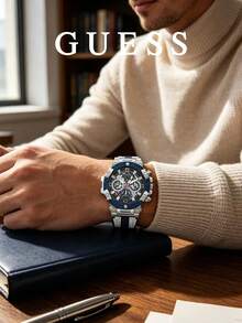 Jam Tangan Kronograf Multifungsi Berongga Dial Besar Pria GUESS, Tali Bernapas Dua Warna, Jam Tangan Fashion Jalanan dan Luar Ruangan GW0486G1 - Biru - View 4