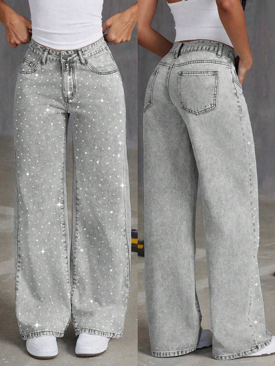 Fashionable Rhinestone Embellished Loose Wide-Leg Jeans For Teenage Girls - Light Grey - View 1