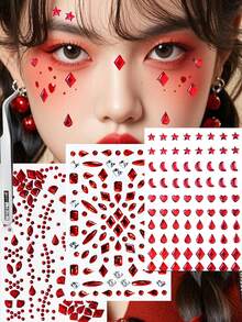 2/4pcs Red Face Gem Stickers, Star, Heart, Teardrop, Square, Diamond Shapes, Self-Adhesive, With Tweezers, Suitable For 2K Style Carnival Party, Halloween, Cosplay - Red - View 3