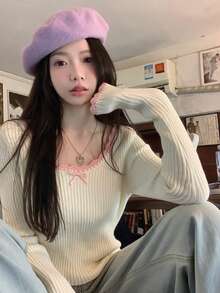 Sweet Pure Korean Style Long Sleeve Knit Sweater With Bow Design, Unique Slim Fit Base Layer Top For Autumn/Winter Fall - Apricot - View 3