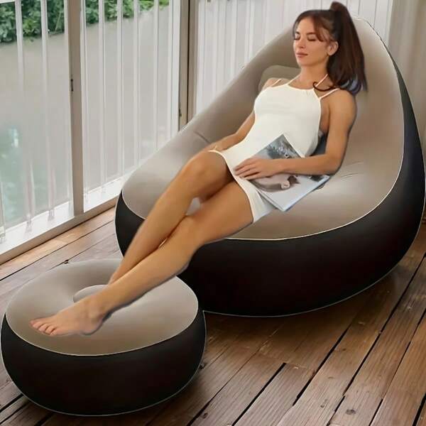 Inflatable Sofa And Footstool Slouchy Chair, Foldable Portable Slouchy Sofa With Footstool, Inflatable Sofa Chair Suitable For Living Room, Bedroom, Outdoor, Balcony And Camping, Best Gift For Family: Most Comfortable Sofa
