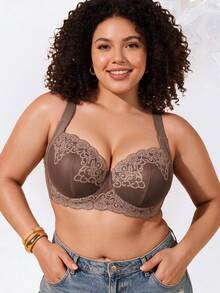 Plus Size Floral Lace Underwire Bra, Wide Strap Comfortable Style, Full Coverage Design, Exquisite Lace Details, Supportive Underwire For Breast Lift - Mocha Brown - View 3