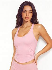 VUTRU 1pc Tight Ruched Waist Sports Bra With Built-In Cups, Sleeveless Tank Top Bralette For Yoga And Fitness Fall - Baby Pink - View 5