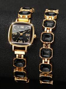Women's Square Rhinestone Dial Digital Scale Quartz Bracelet Watch + Square Rhinestone Bracelet (2pcs/Set) Watch Box Not Included - Black - View 3