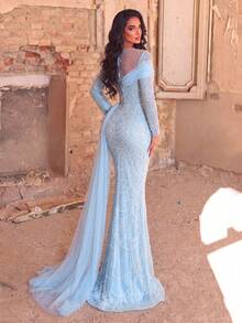 Faeriesty Luxurious Elegant Mermaid Tulle Layered Beaded Formal Evening Gown, Suitable For Party And Wedding Fall - Baby Blue - View 3