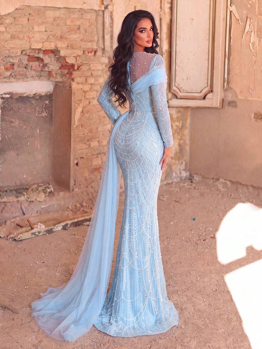Faeriesty Luxurious Elegant Mermaid Tulle Layered Beaded Formal Evening Gown, Suitable For Party And Wedding Fall