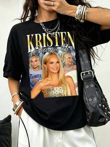 Gold Glitter Lightning Triple Portrait Kristen Chenoweth Musical Theater Celebrity Fan Cotton T-Shirt - Black - View 1