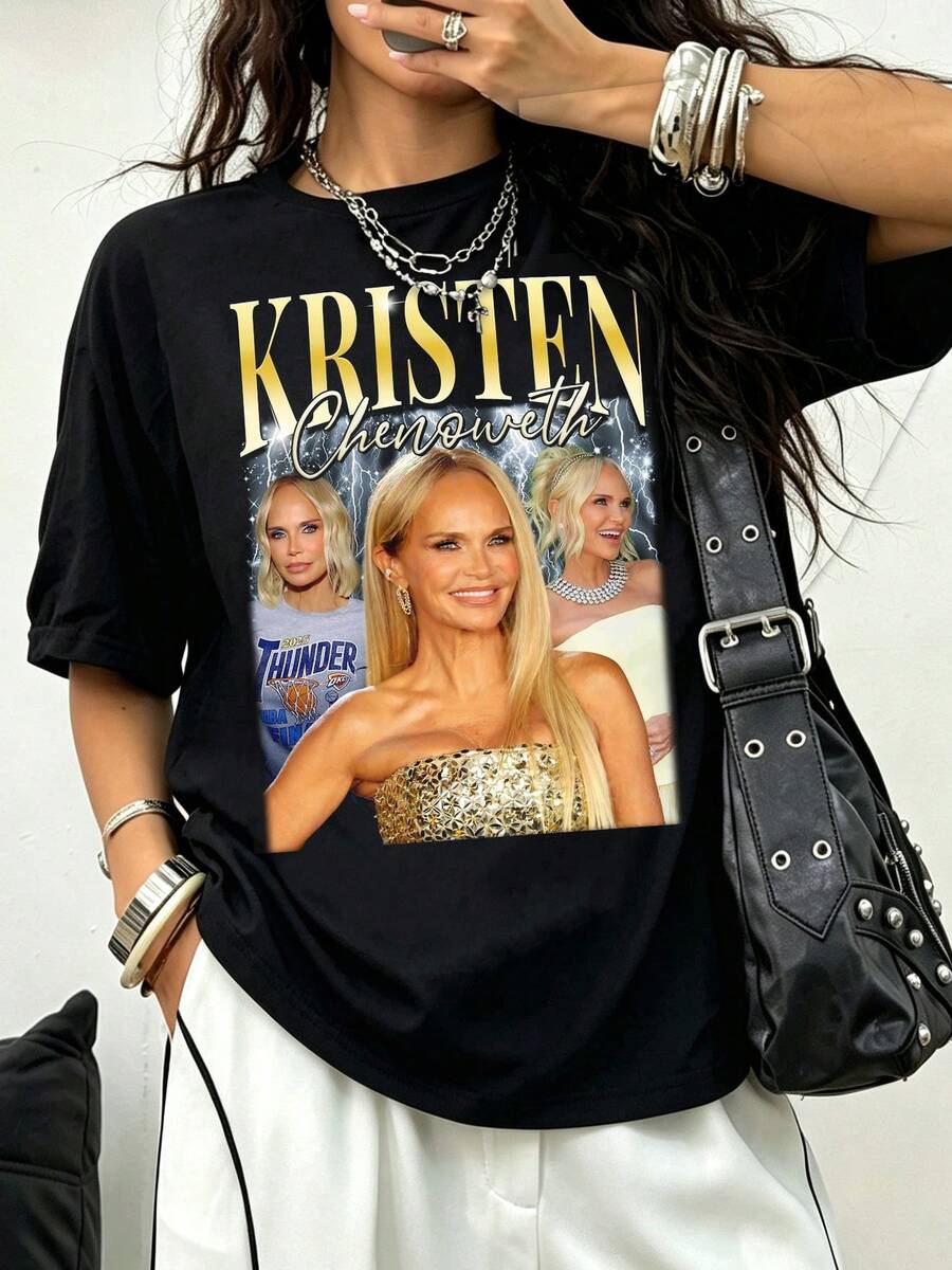 Gold Glitter Lightning Triple Portrait Kristen Chenoweth Musical Theater Celebrity Fan Cotton T-Shirt - Black - View 1