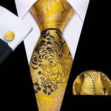 Paisley Yellow Necktie Pocket Square Cufflinks Tie Clip 4pcs Set For Summer Carnival & Outdoor Spring Festival Activities - Yellow - View 4