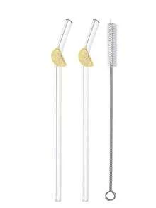 GASUDIN 1/2/5Pcs Cute Cartoon Glass Drinking Straws With Lemon Slice Charm, Reusable Bent Clear Straw Set With Straw Topper. Kitchen Accessories For Milk Tea, Juice, Cocktails & Cold Drinks, Home, Graduation, Party, With Cleaning Brush - View 9