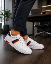 Sapatênis masculino Tênis branco e preto Sapato casual Leve Confortável Lançamento - branco-vermelho - Visão 3