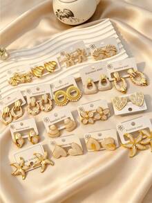 4/8/16/24pcs Minimalist Geometric Cream Beige Gold Stainless Steel Earrings - Multicolor - View 5