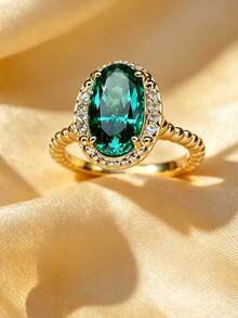 1pc Oval Emerald Zirconia Halo Ring, Beaded Rice Grain Texture Vintage Warm Gold Twisted Band Women's Ring, No Packaging Box - Gold - View 6