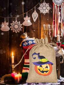 5pcs Halloween Burlap Drawstring Gift Bags Pumpkin Ghost Bat Pattern Candy Pouches Party Favor Storage Celebration Treats Holders Holiday Decor Packaging Supplies - Multicolor - View 3